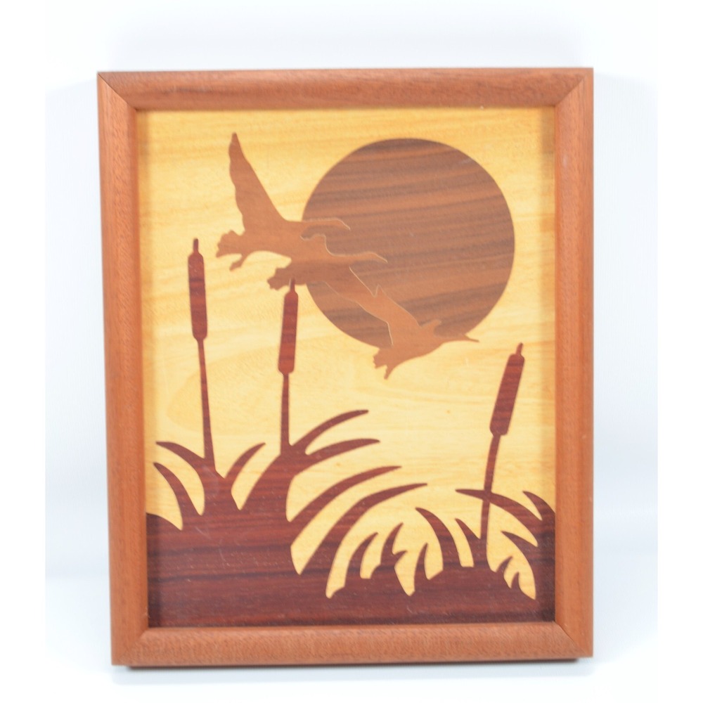 Vintage 1985  Hand Carved  Wood Inlay Flying‎ Duck Marquetry Artwork  11" x 9"